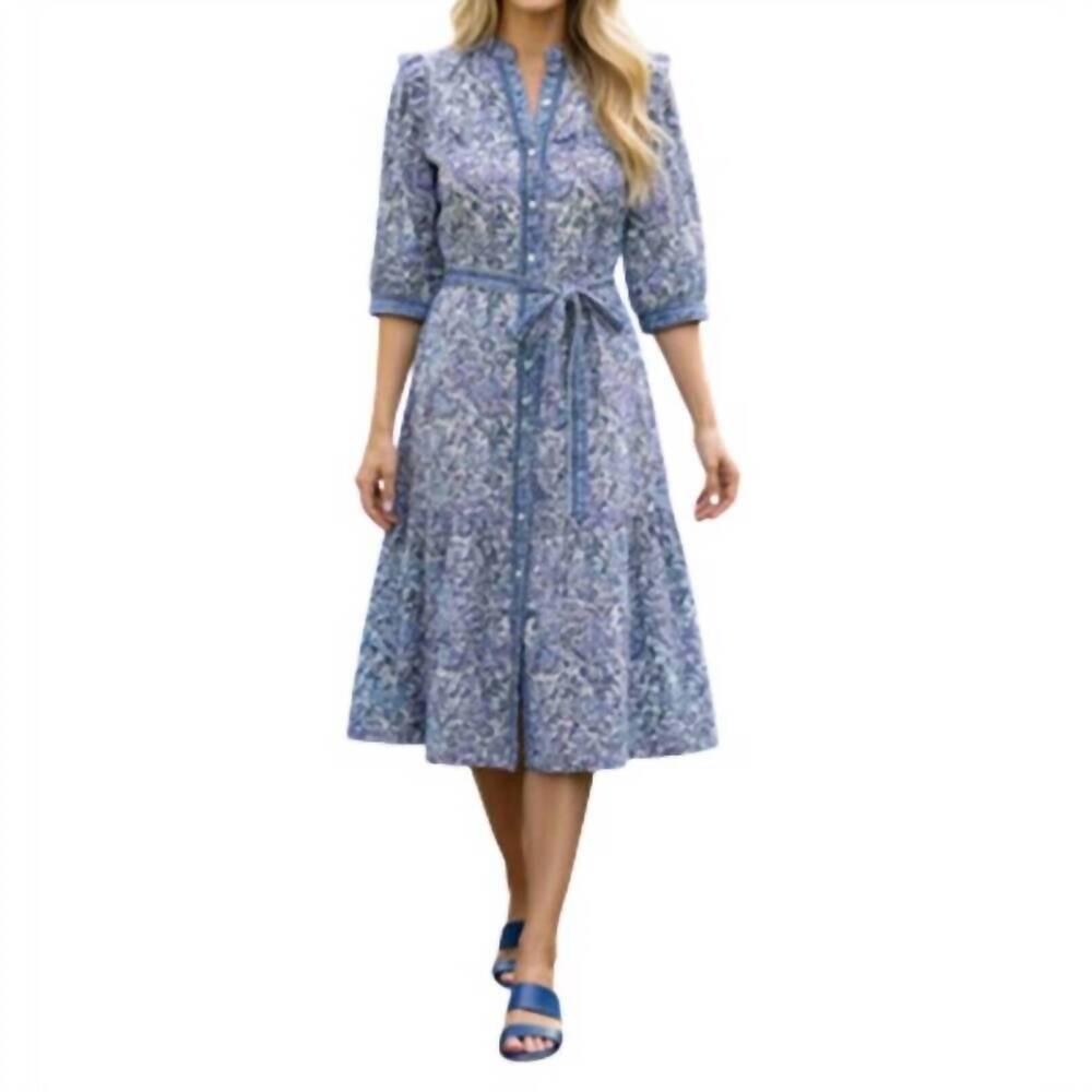NEW LOLA AUSTRALIA pacific printed v-neck midi dress in oceane blue